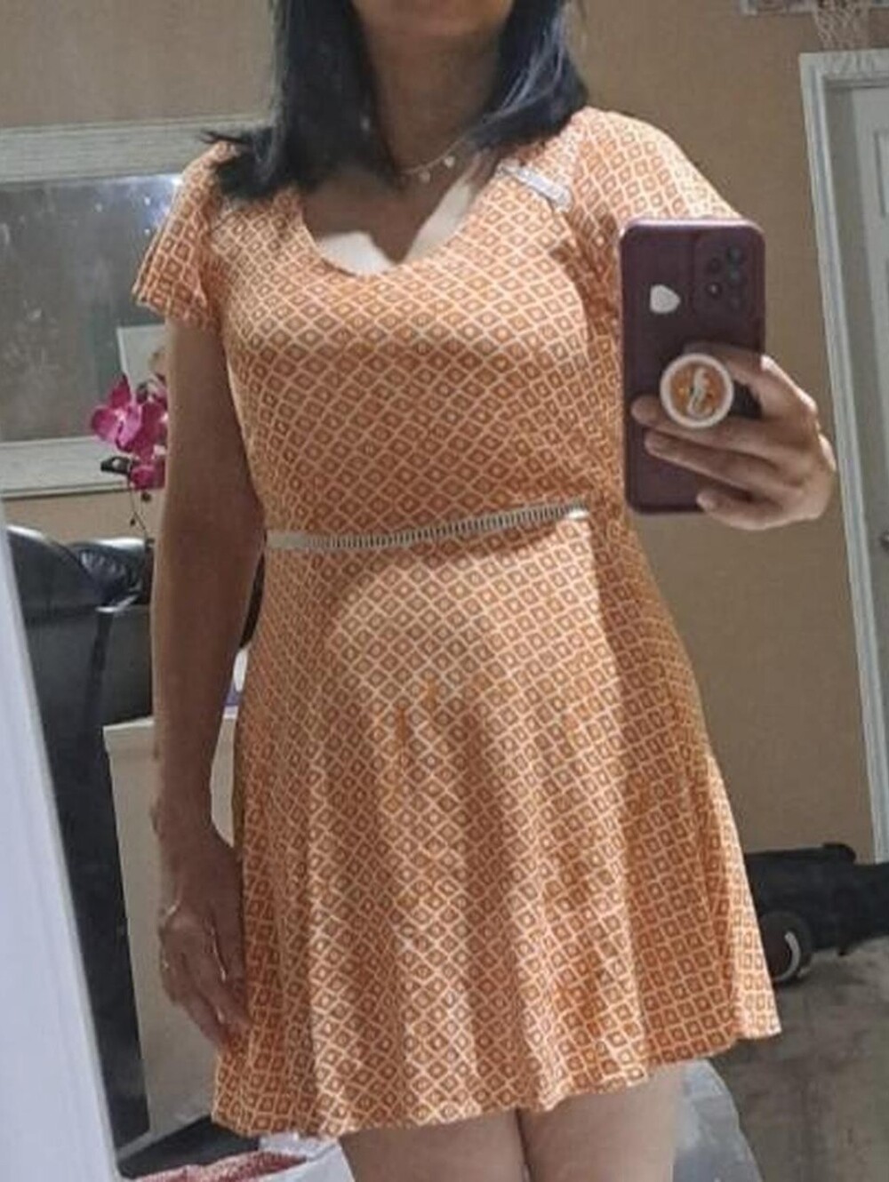 Women's Orange Geometric Fit-and-Flare Dress